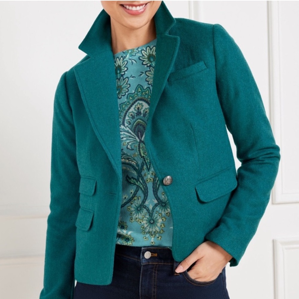 Talbots Classic Shetland Wool Blazer Teal Herringbone Size 16W Petite